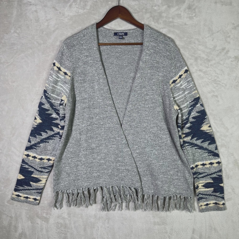 Chaps Ralph Lauren Cardigan XL Grey Open Sweater Tassels Boho Aztec Cotton